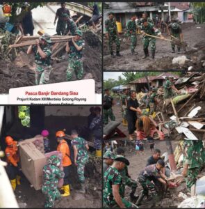 Prajurit Kodam XIII/Merdeka Gotong Royong Tangani Pasca Banjir Bandang Siau Secara Optimal