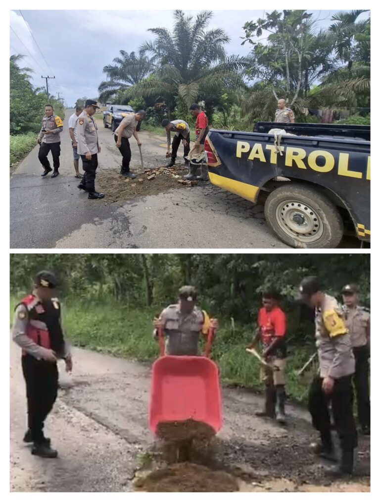 Kapolsek BTS Ulu Polres Musi Rawas Respon Cepat Timbun Jalan Berlubang Cegah Kecelakaan