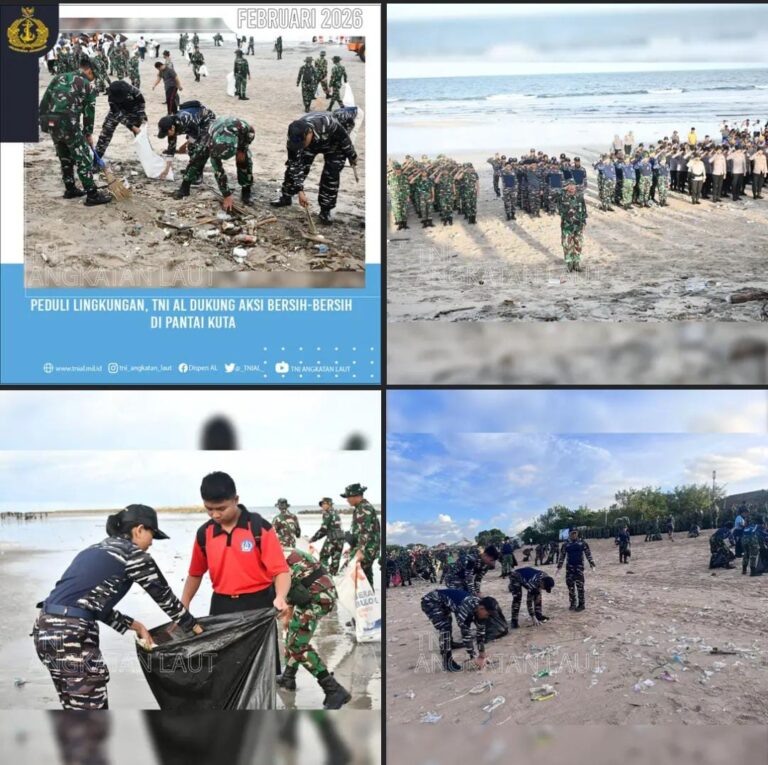 TNI AL Bersama TNI-Polri dan Masyarakat Gelar Aksi Bersih Pantai Kuta, Wujud Komitmen Jaga Lingkungan Laut